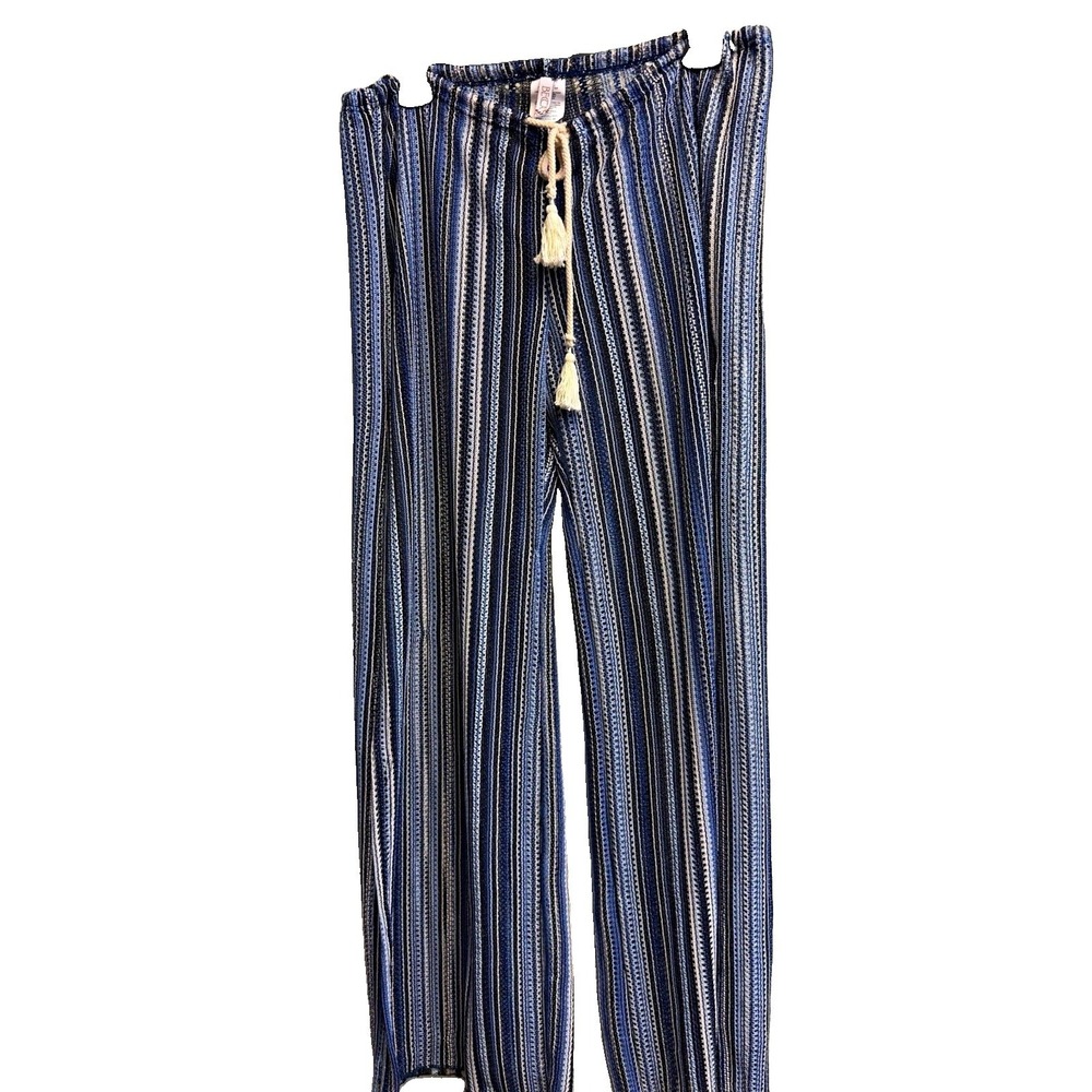 BECCA Rebecca Virtue Seaside Crochet Cover Up Pants Blue Stripe Side Slit L